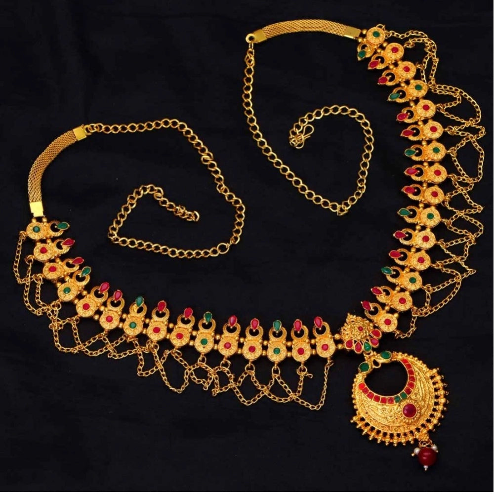 Women's Maroon &amp; Green Color Glass Stone Kamarband Adjustable Chain