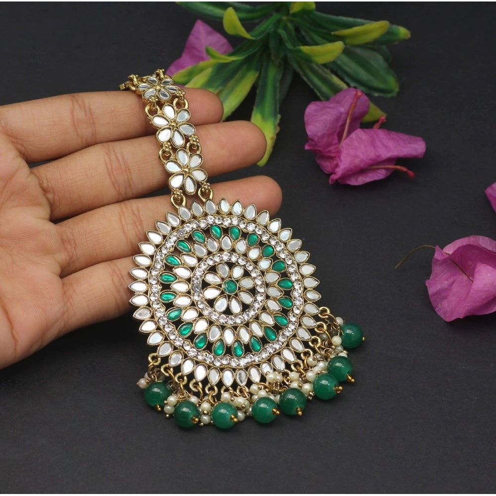 Women's Green Color Mirror Work Maang Tikka