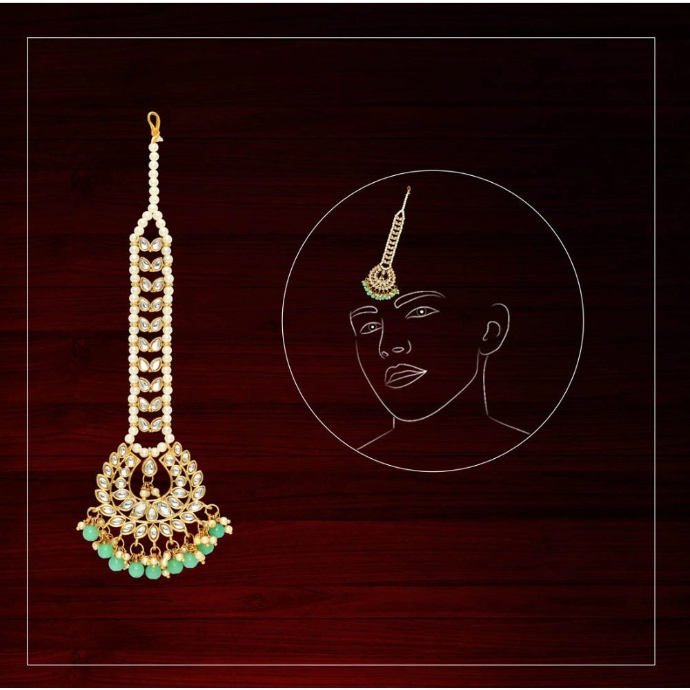 Women's Rama Green Color Imitation Pearl &amp; Kundan Maang Tikka