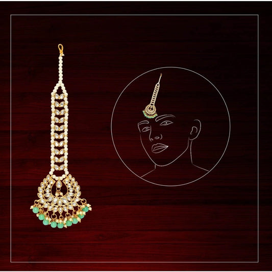 Women's Rama Green Color Imitation Pearl &amp; Kundan Maang Tikka