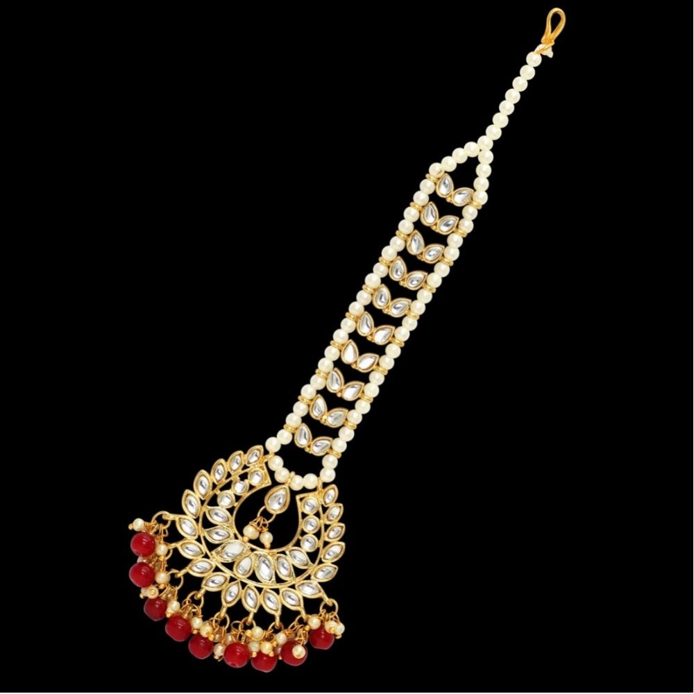 Women's Maroon Color Imitation Pearl &amp; Kundan Maang Tikka