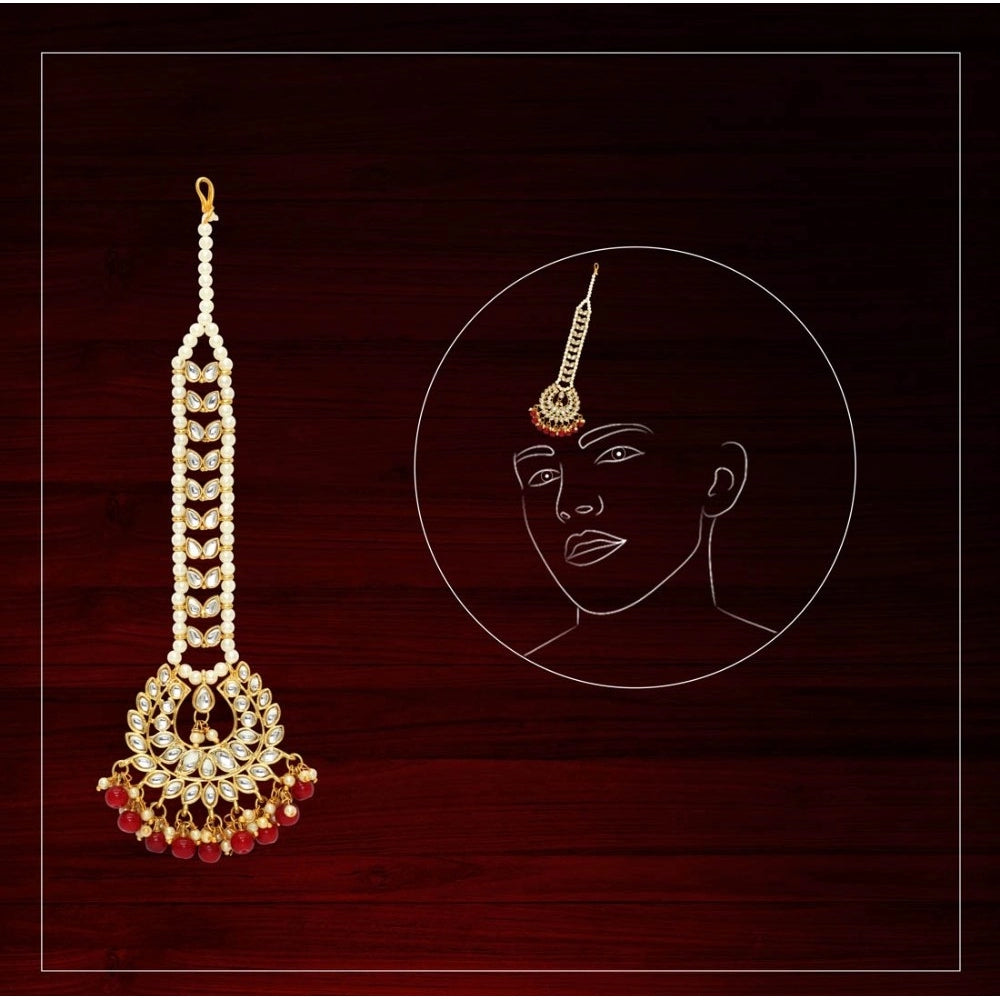 Women's Maroon Color Imitation Pearl &amp; Kundan Maang Tikka