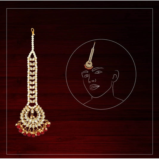Women's Maroon Color Imitation Pearl &amp; Kundan Maang Tikka