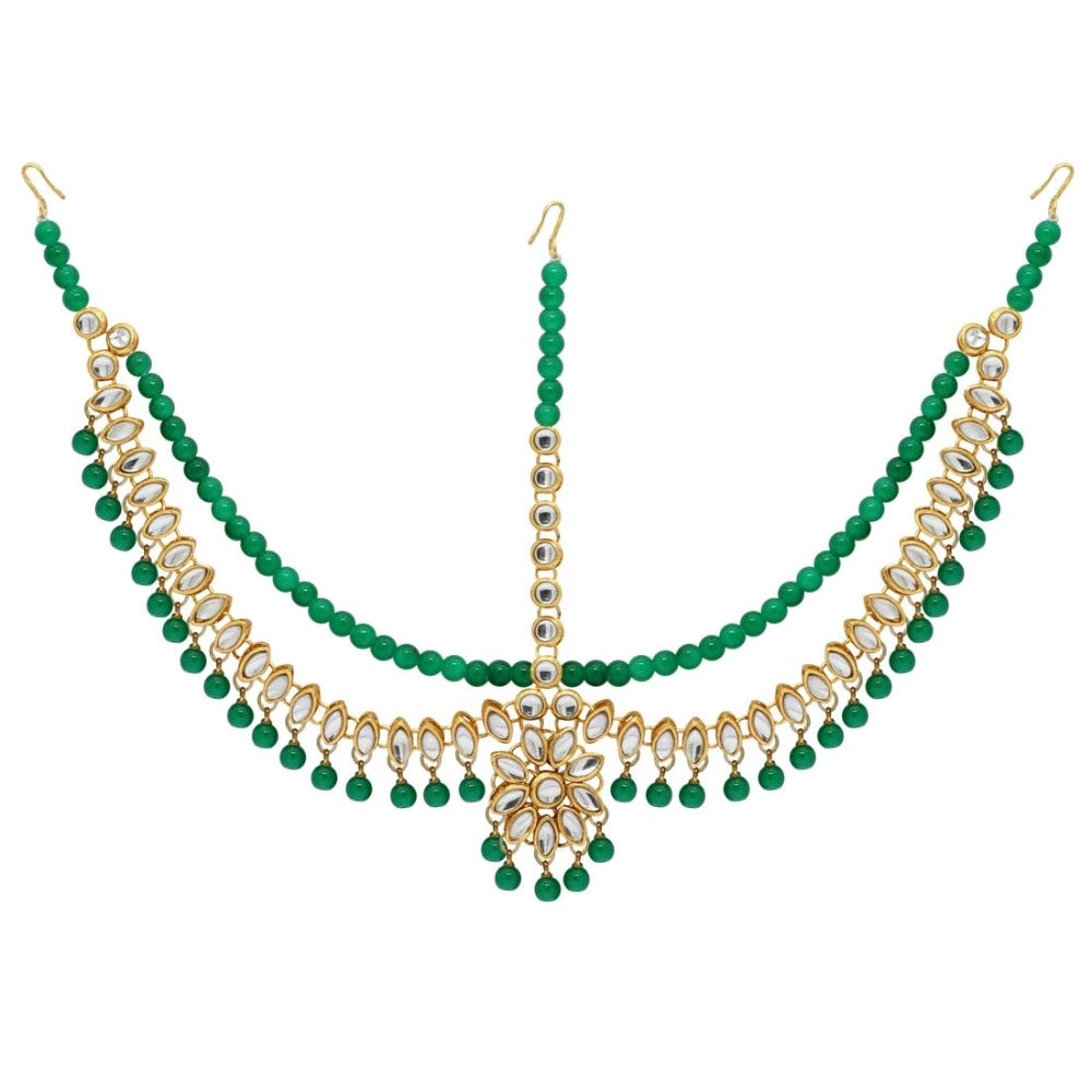 Women's Green Color Imitation Pearl &amp; Kundan Work Matha Patti