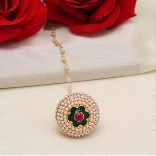 Women's Maroon &amp; Green Color Meena Work Borla Tikka