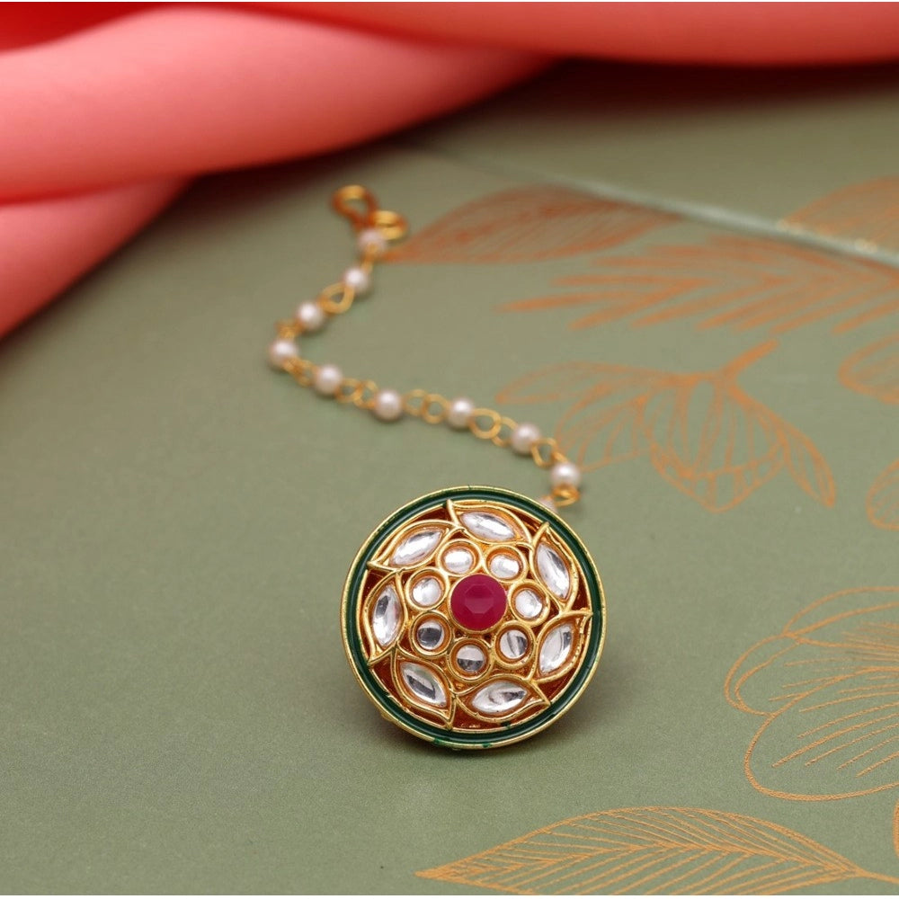 Women's Maroon &amp; Green Color Kundan Meena Borla Tikka