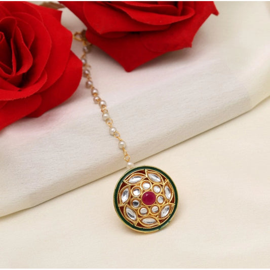 Women's Maroon &amp; Green Color Kundan Meena Borla Tikka