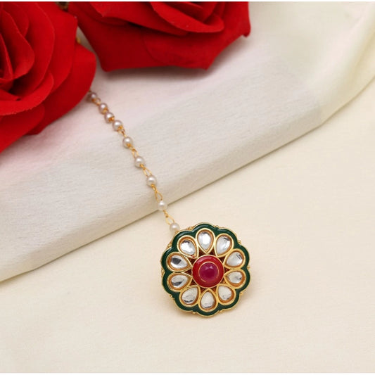 Women's Maroon &amp; Green Color Kundan Meena Borla Tikka
