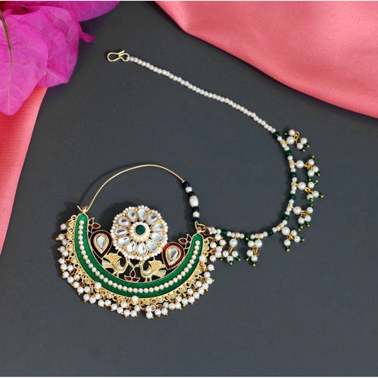 Women's Green Color Kundan &amp; Beads Nose Nath
