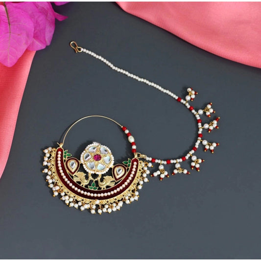 Women's Maroon Color Kundan &amp; Beads Nose Nath