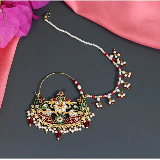 Women's Maroon &amp; Green Color Kundan &amp; Beads Nose Nath