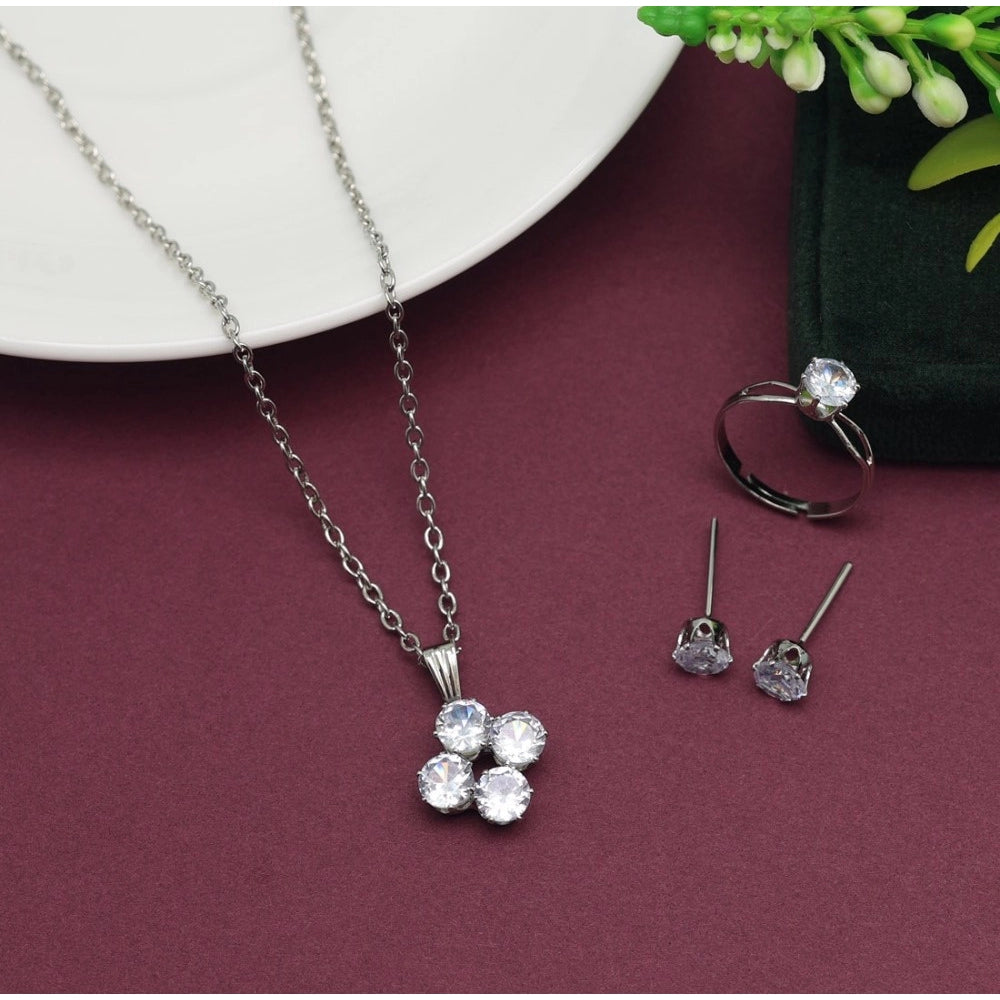 Women's Silver Color Stone Locket Pendant Set Adjustable Ring