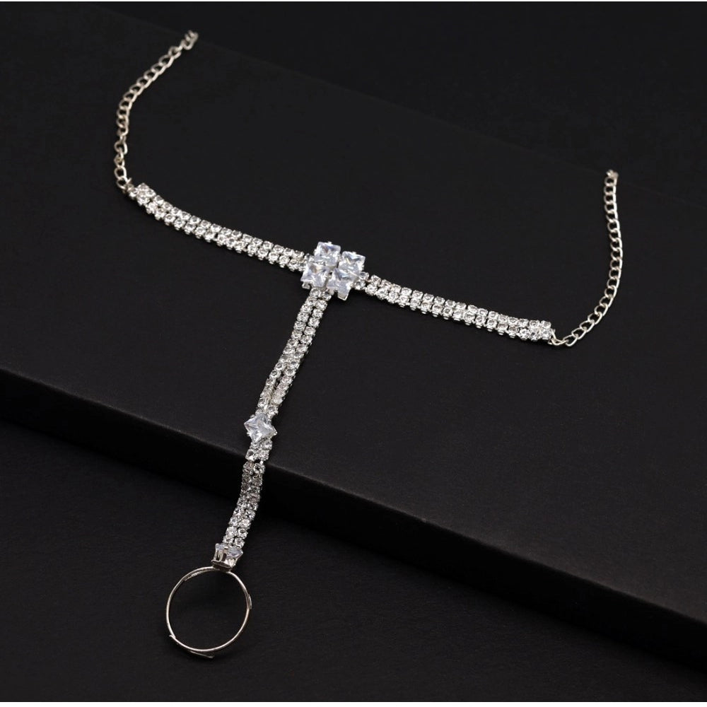 Women's White Color Rhinestone Hathphool Adjustable Bracelet