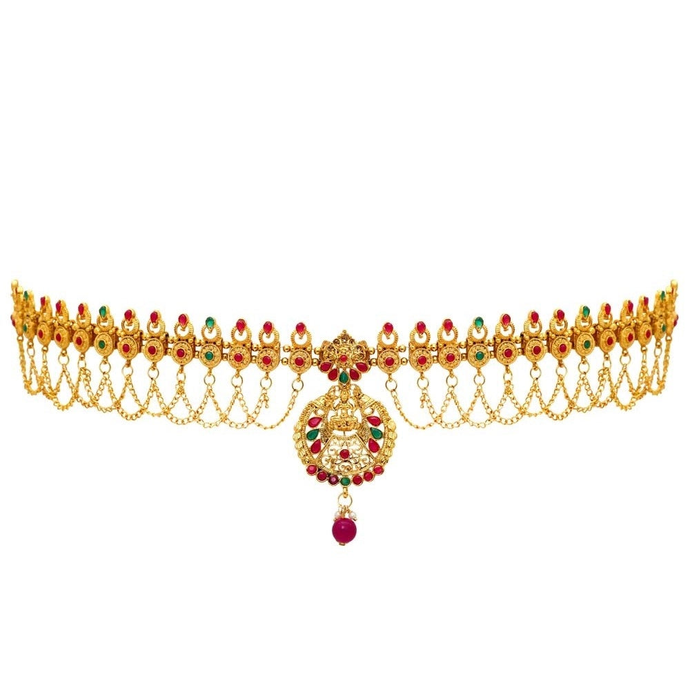 Women's Maroon &amp; Green Color Glass Stone Kamarband Adjustable Chain