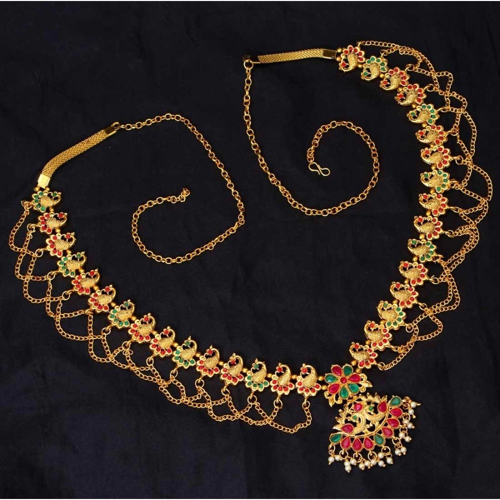 Women's Maroon &amp; Green Color Glass Stone Kamarband Adjustable Chain