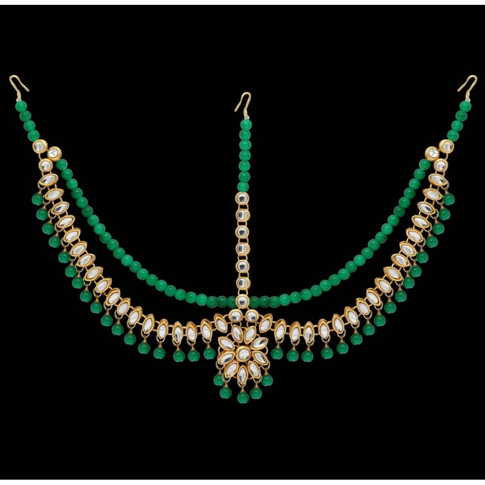 Women's Green Color Imitation Pearl &amp; Kundan Work Matha Patti