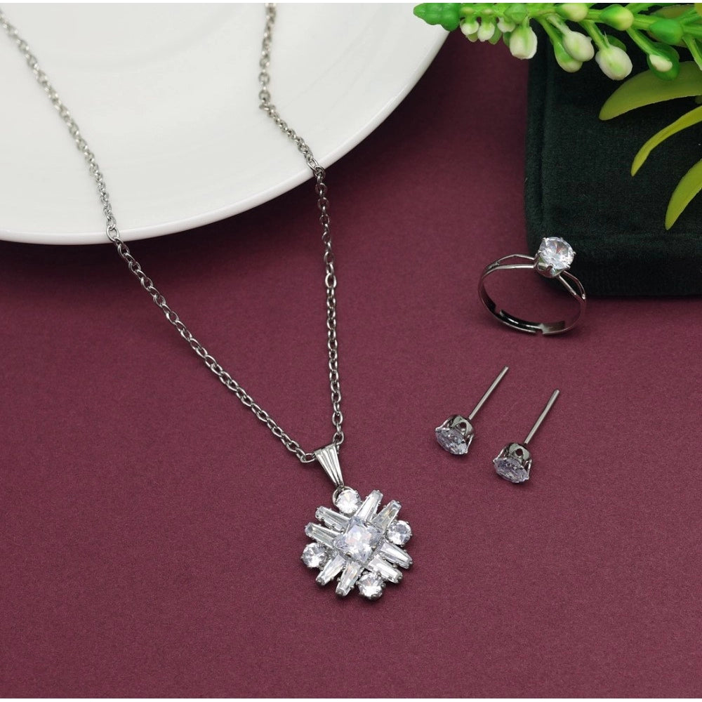 Women's Silver Color Stone Locket Pendant Set Adjustable Ring