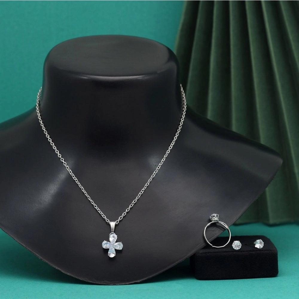 Generic Women's Silver Color Stone Locket Pendant Set Adjustable Ring