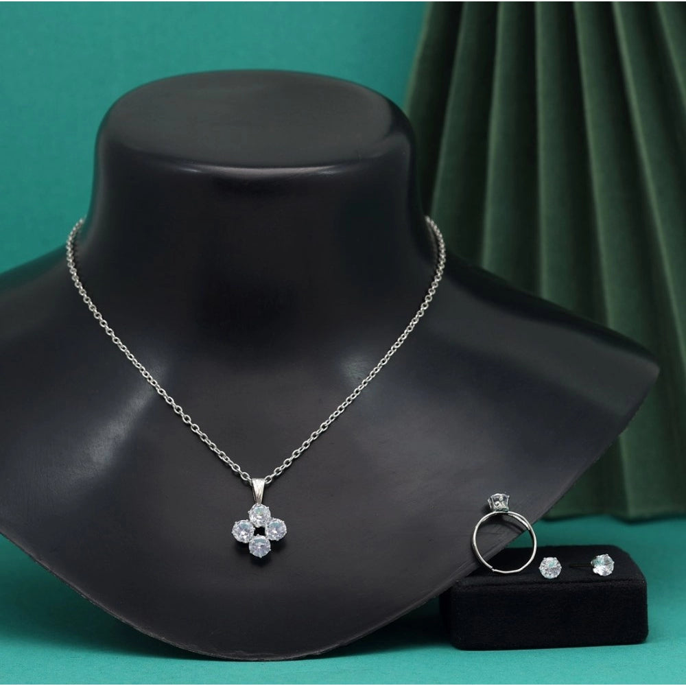 Women's Silver Color Stone Locket Pendant Set Adjustable Ring