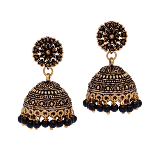 Women's Rajasthani Traditional Wedding Collection Floral Design Gold Oxidised Black Color Jhumki Earrings