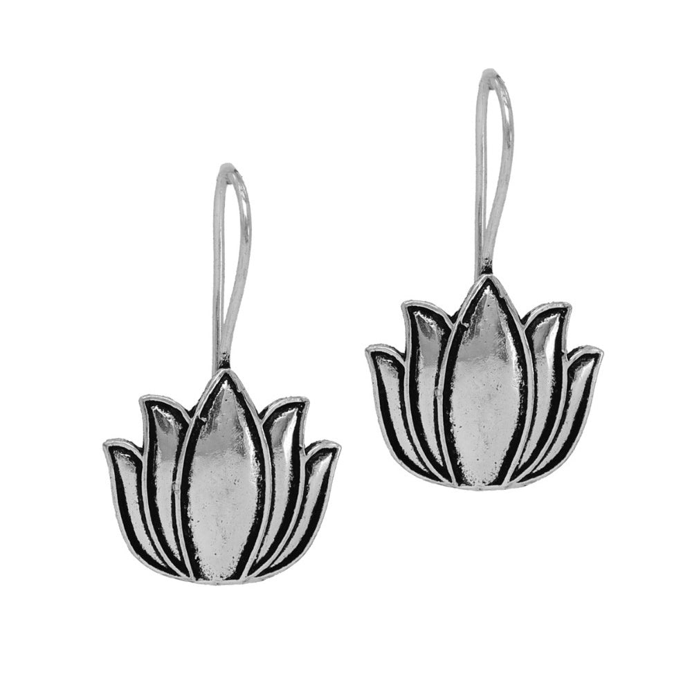 Generic Women's Lotus Oxidised Silver Plated Stud Dangler Earrings