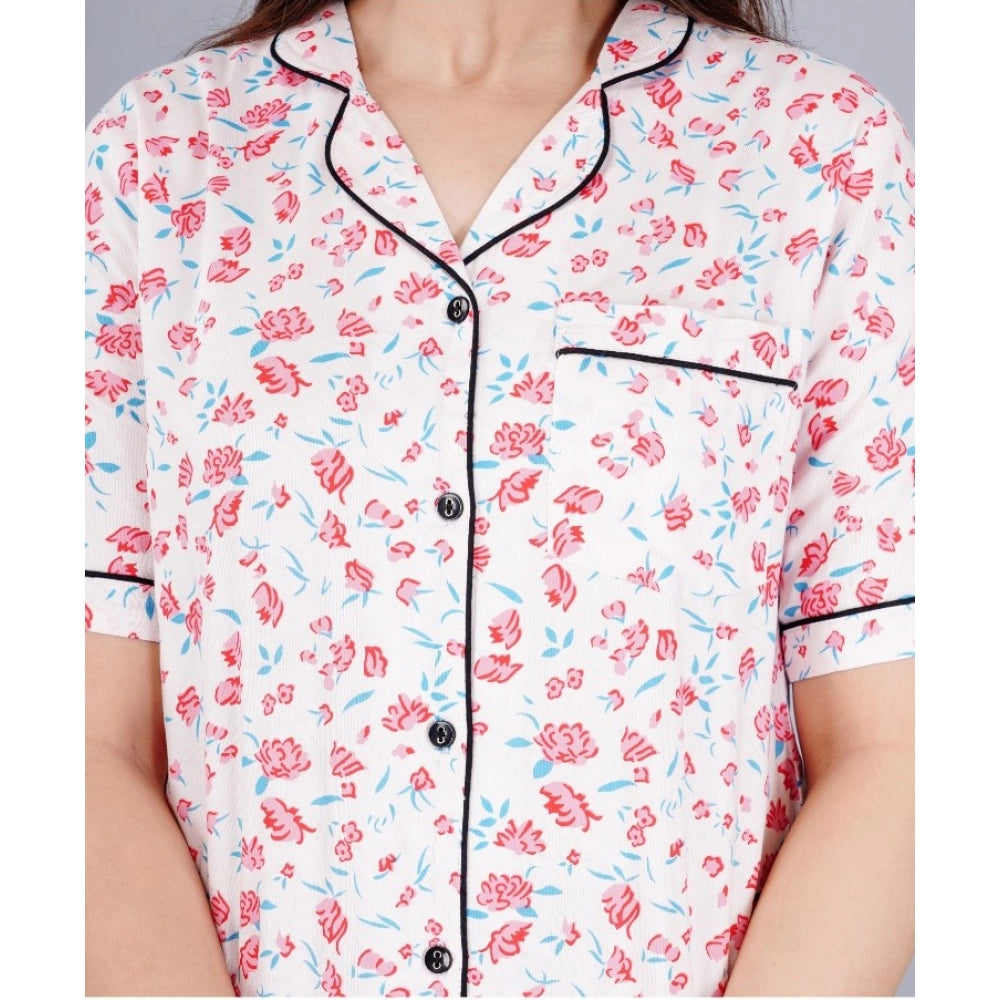 Women's Casual Half Sleeve Printed Viscose Rayon Shirt With Pyjama Pant Night Suit Set (Baby Pink)