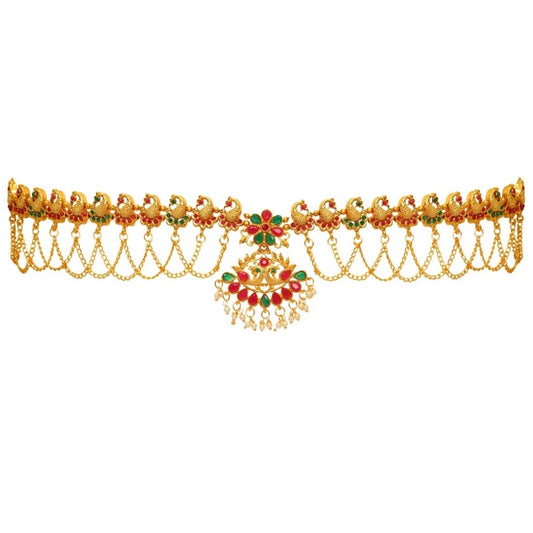 Women's Maroon &amp; Green Color Glass Stone Kamarband Adjustable Chain