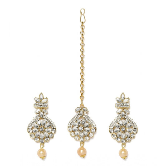 Women's Rose Gold Plated Alloy Kundan Earrings &amp; Mangtikka (White)