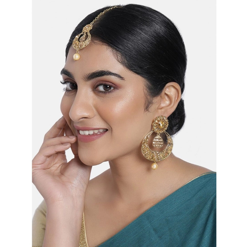 Generic Women's Rose Gold Plated Alloy Kundan Earrings &amp; Mangtikka (Gold)
