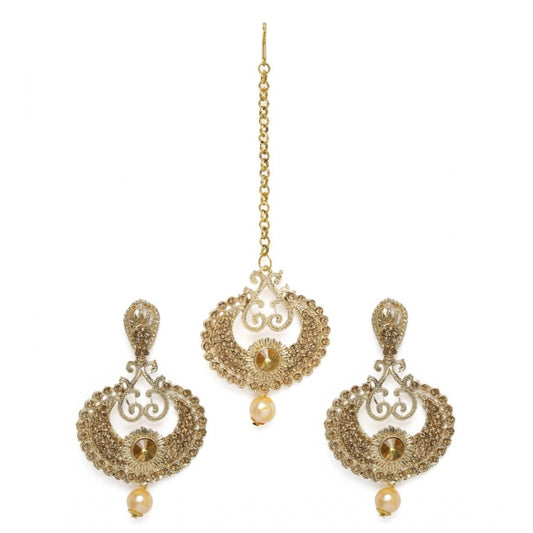Women's Rose Gold Plated Alloy Kundan Earrings &amp; Mangtikka (Gold)