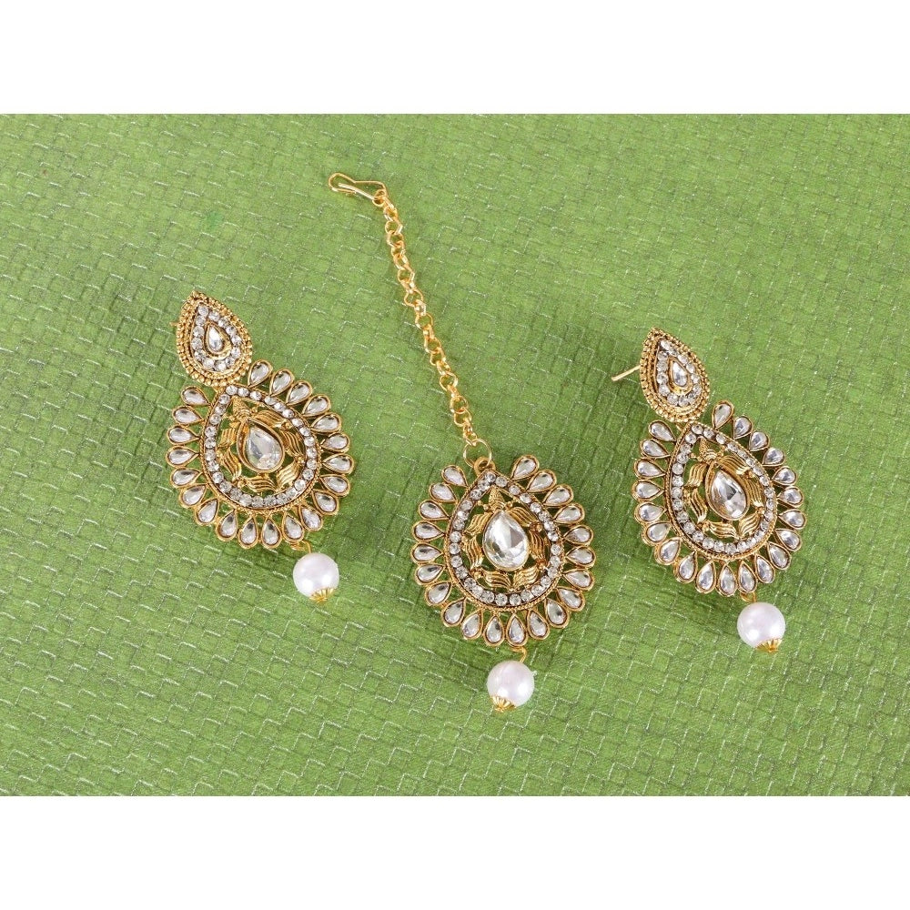 Generic Women's Rose Gold Plated Alloy Kundan Earrings &amp; Mangtikka (White)