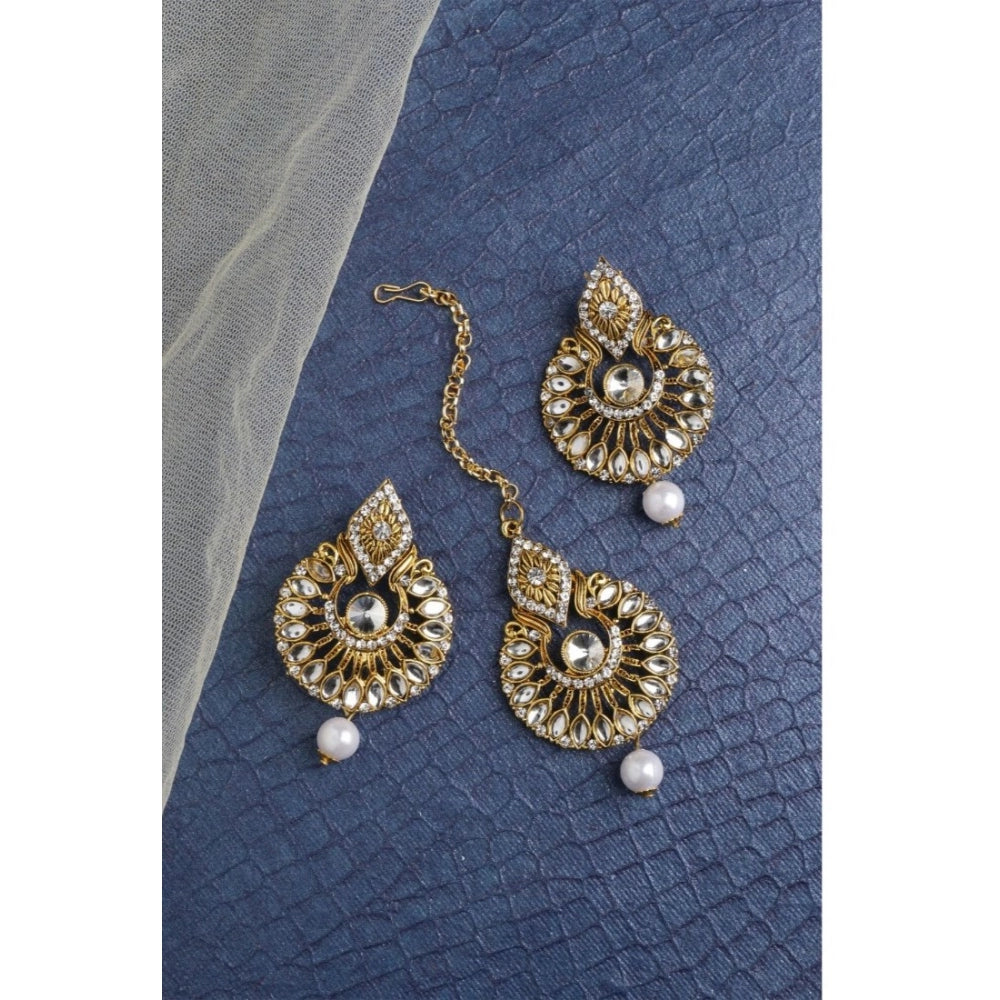 Generic Women's Rose Gold Plated Alloy Kundan Earrings &amp; Mangtikka (White)
