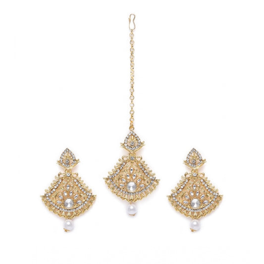 Women's Rose Gold Plated Alloy Kundan Earrings &amp; Mangtikka (White)