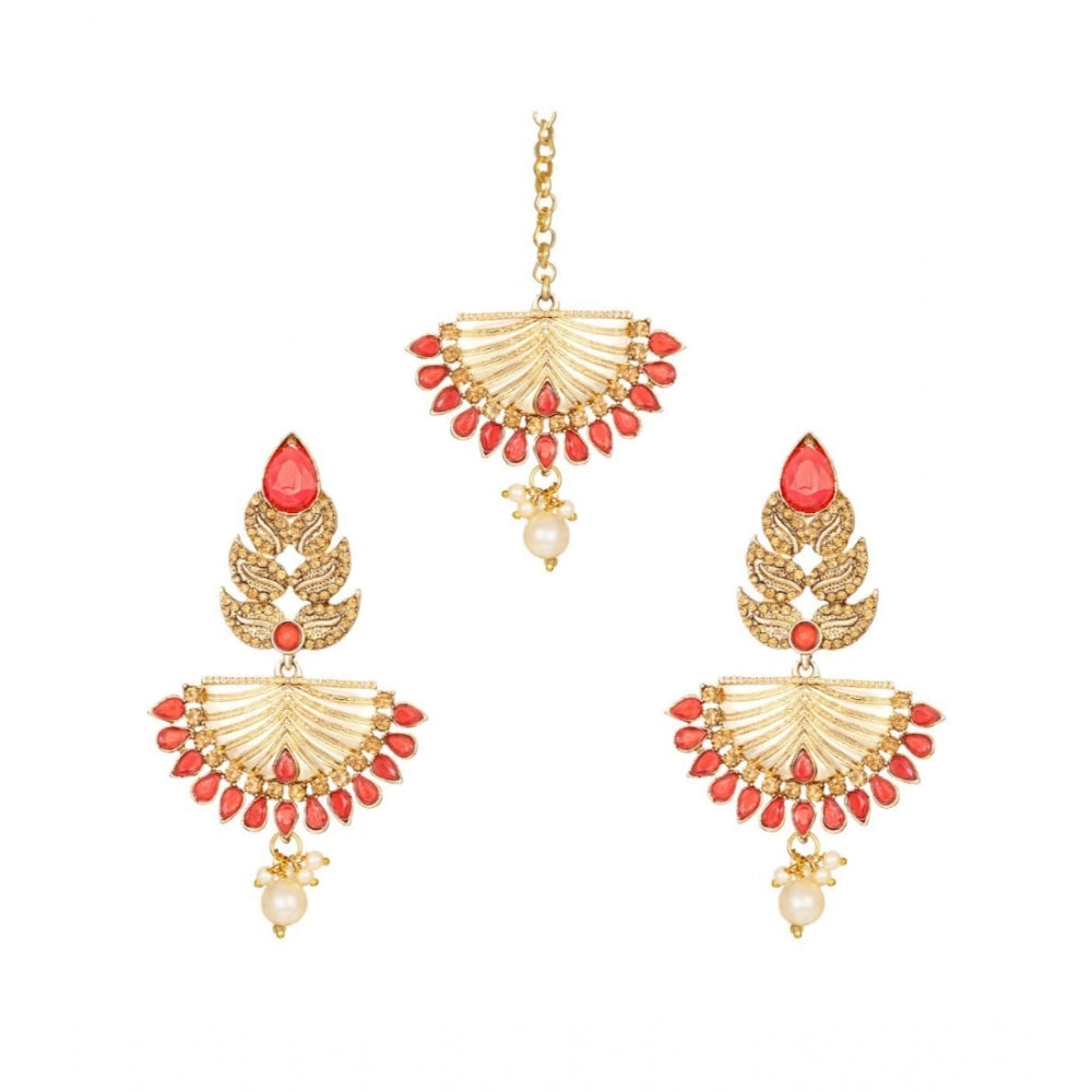 Generic Women's Rose Gold Plated Alloy Kundan Earrings &amp; Mangtikka (Gold &amp; Red)