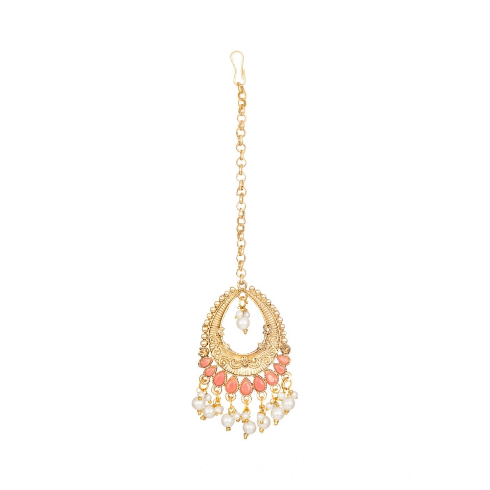 Women's Rose Gold Plated Alloy Kundan Earrings &amp; Mangtikka (Pink)