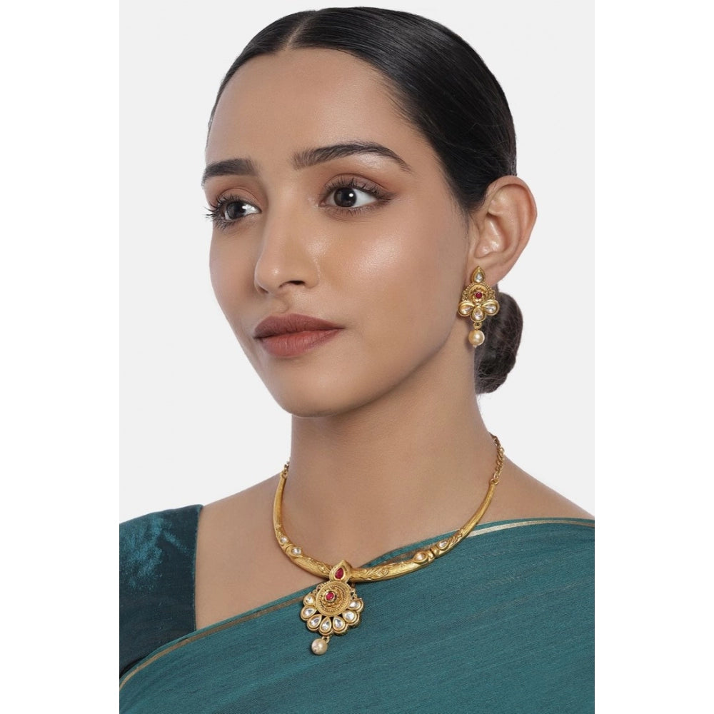 Women's Rose Gold Plated Alloy Necklace &amp; Earings Set (Red &amp; White)