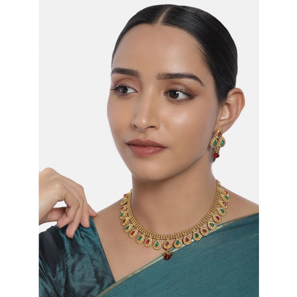 Women's Rose Gold Plated Alloy Choker Necklace Set (Green &amp; Red)
