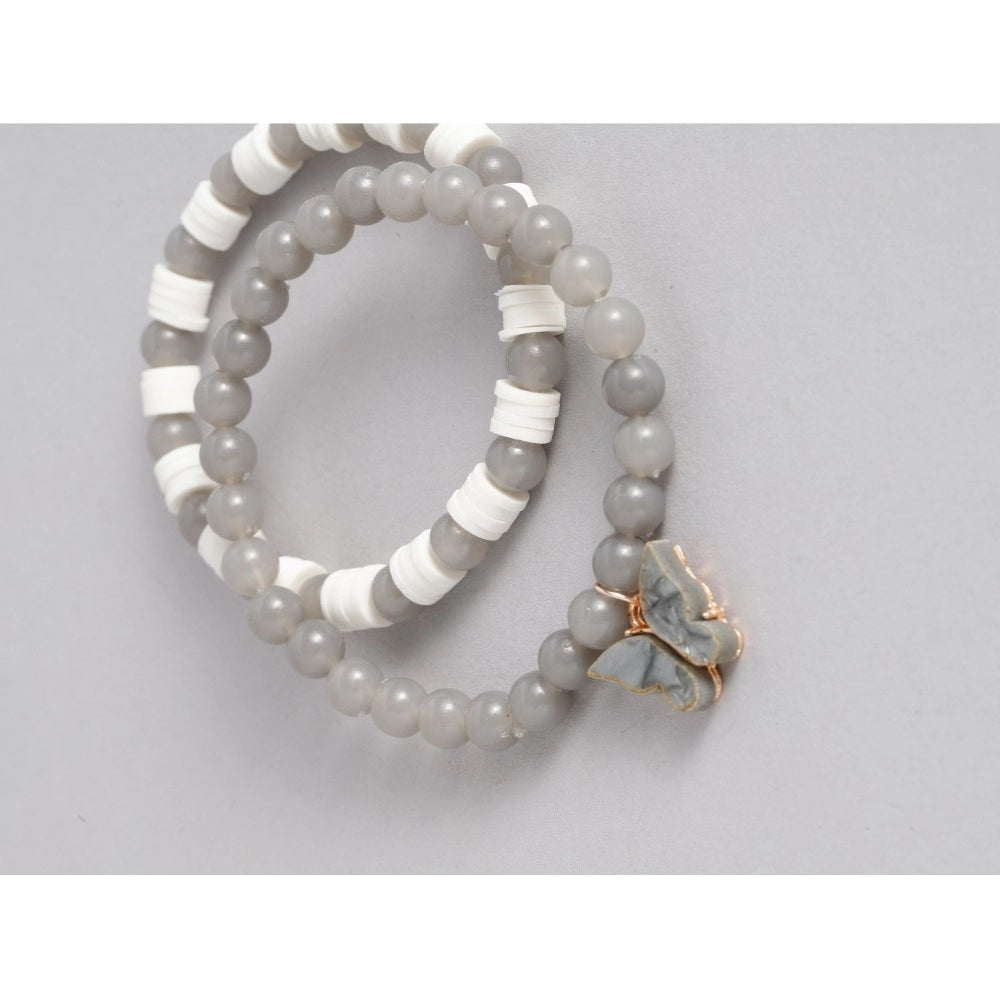 Women's Rose Gold Plated Brass Pendant Chain With Beaded Bracelet (Grey)