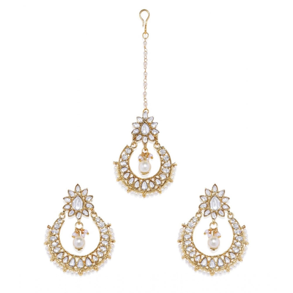 Generic Women's Rose Gold Plated Alloy Kundan Earrings &amp; Mangtikka (White)