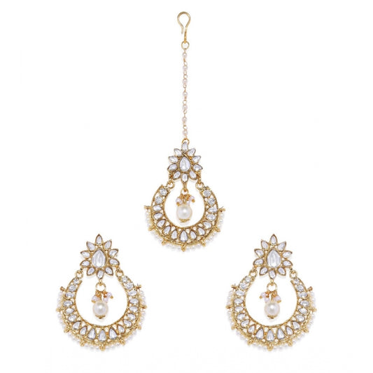 Women's Rose Gold Plated Alloy Kundan Earrings &amp; Mangtikka (White)