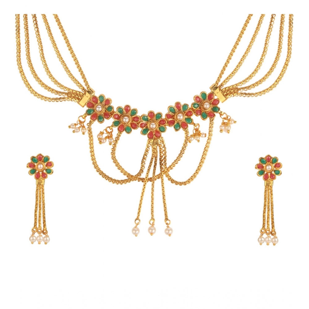 Generic Women's Rose Gold Plated Alloy Necklace Set (Green &amp; Red)