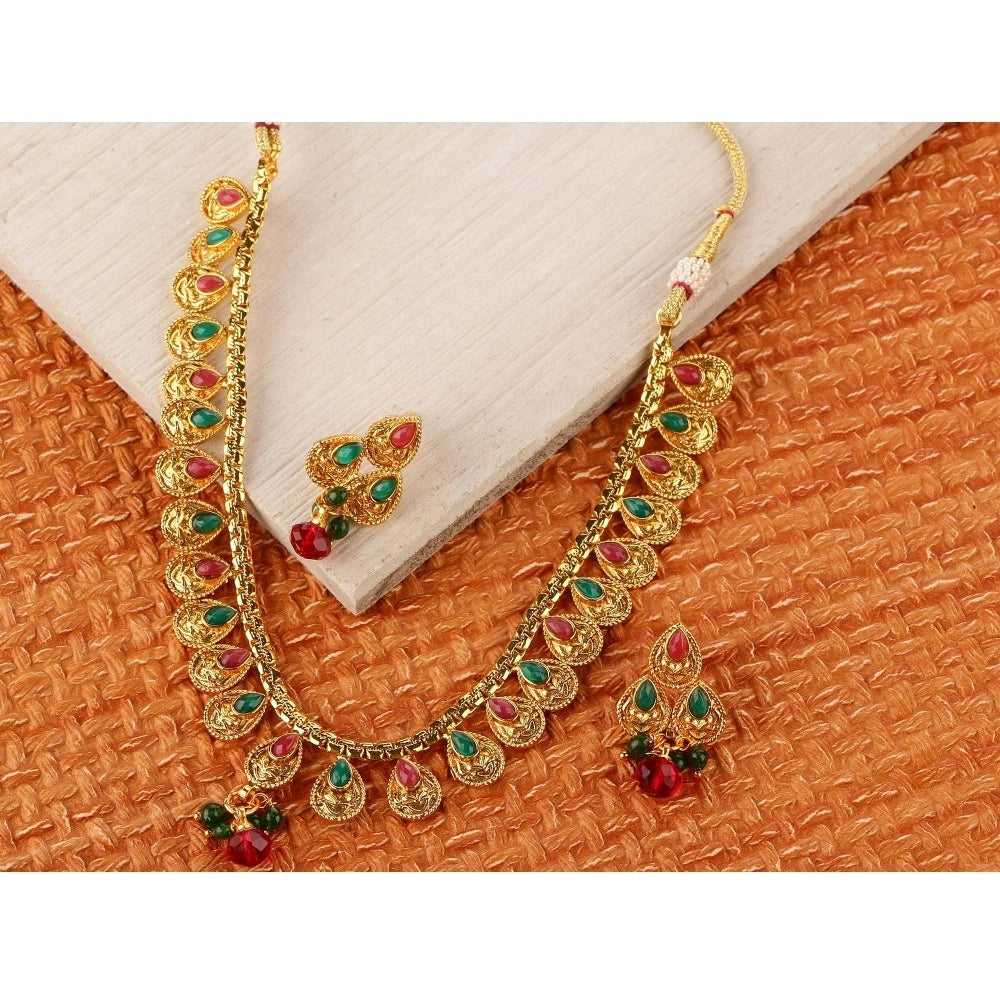 Women's Rose Gold Plated Alloy Necklace &amp; Earings Set (Green &amp; Red)