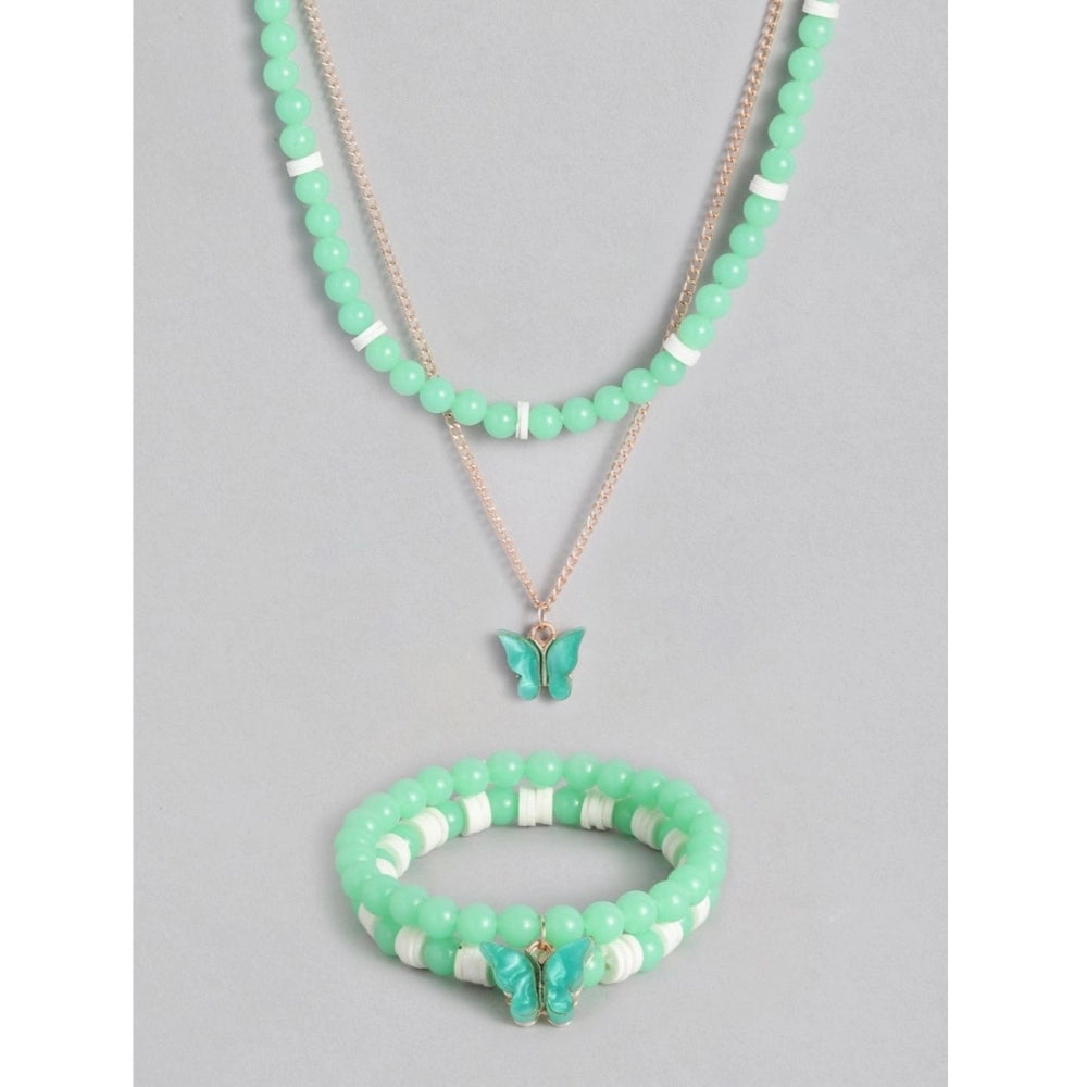Generic Women's Rose Gold Plated Brass Pendant Chain With Beaded Bracelet (Light Green)
