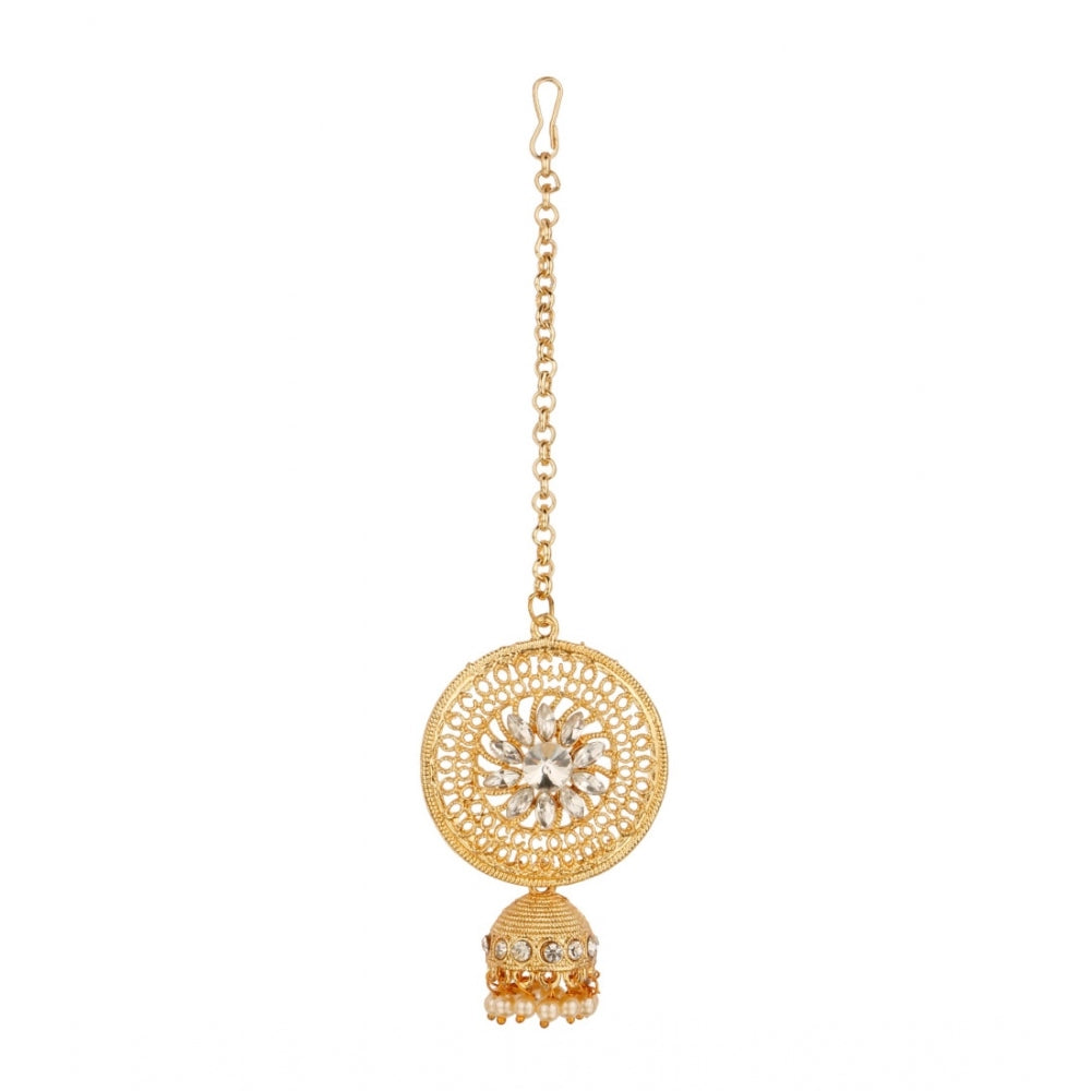 Women's Rose Gold Plated Alloy Kundan Earrings &amp; Mangtikka (White)