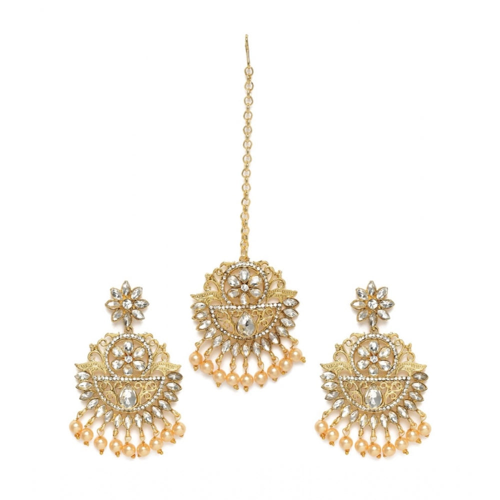 Generic Women's Rose Gold Plated Alloy Kundan Earrings &amp; Mangtikka (White)