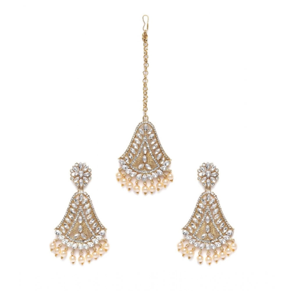 Generic Women's Rose Gold Plated Alloy Kundan Earrings &amp; Mangtikka (White)