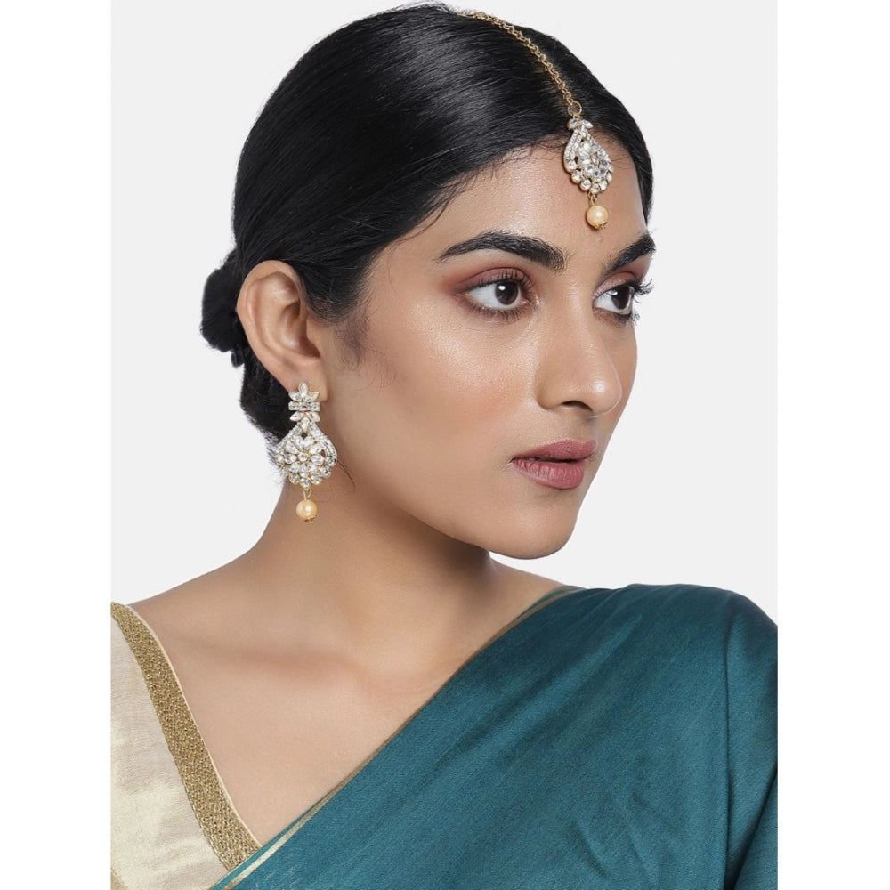 Generic Women's Rose Gold Plated Alloy Kundan Earrings &amp; Mangtikka (White)
