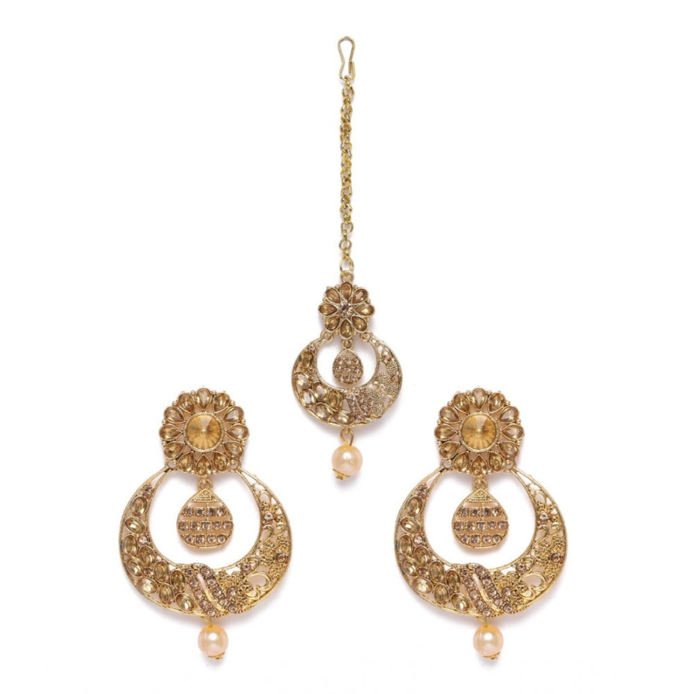 Women's Rose Gold Plated Alloy Kundan Earrings &amp; Mangtikka (Gold)