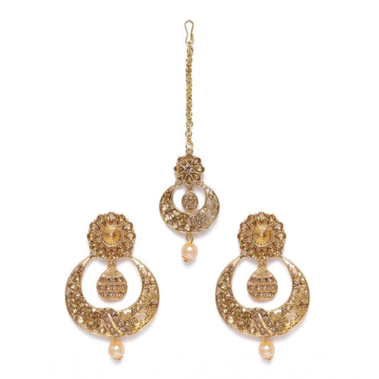 Women's Rose Gold Plated Alloy Kundan Earrings &amp; Mangtikka (Gold)