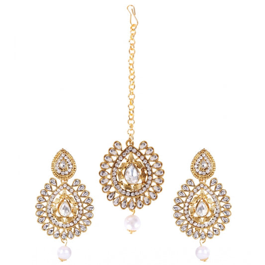 Women's Rose Gold Plated Alloy Kundan Earrings &amp; Mangtikka (White)